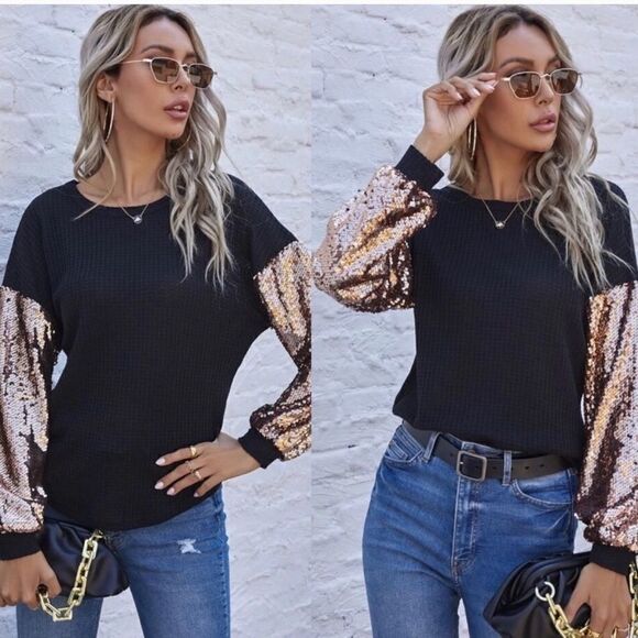 5 🌟 Rated Waffle Shirt with Gold Sequined Sleeves, Rounded Hem - Picture 7 of 13
